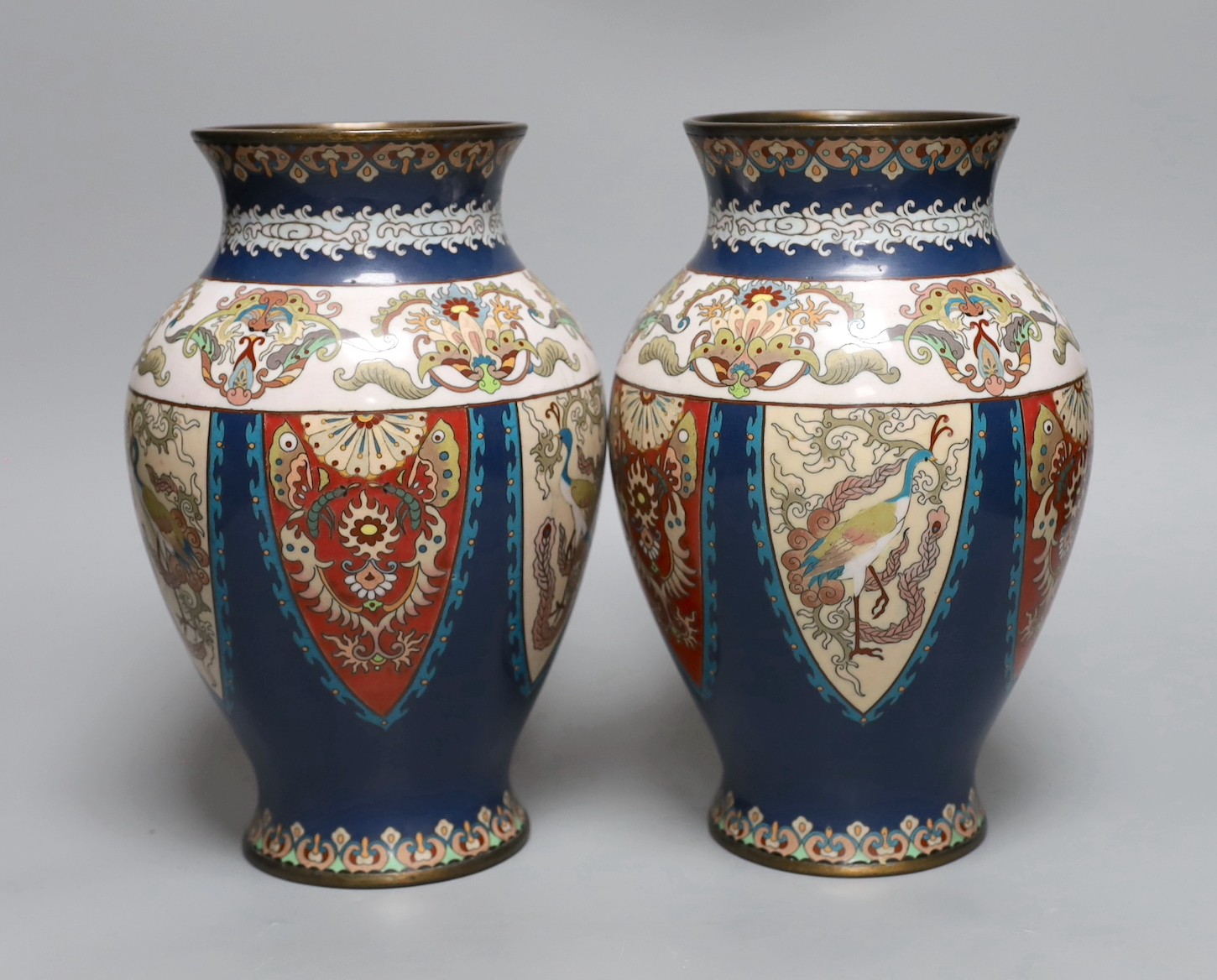 A pair of Japanese cloisonné enamel vases, probably Kyoto, early 20th century, 25cms high
